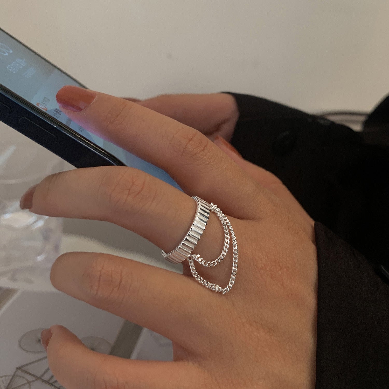 Sterling Silver Gear Chain Ring for Women